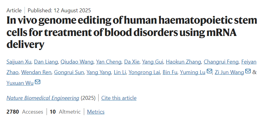 In vivo genome editing of human haematopoietic stem cells for treatment of blood disorders using mRNA delivery